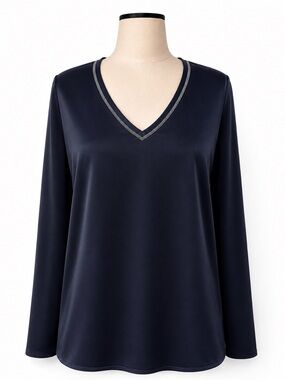 GoSilk Midnight Blue Washable Silk V-Neck Blouse NWT Luxury Top Fits Small Med
